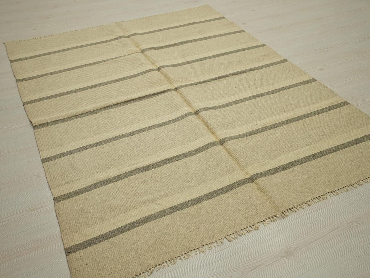 Small Cream & Gray Striped Kilim Rug: Handmade Flat Weave Wool Rugs, 5.2x6.7 ft.