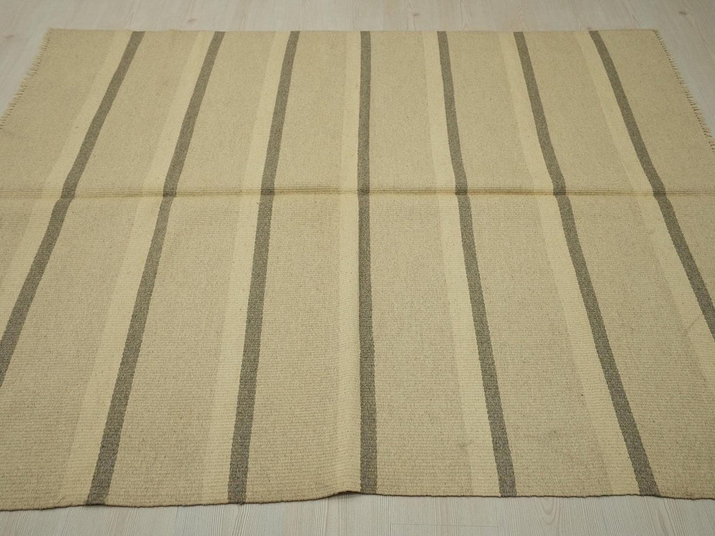 Small Cream & Gray Striped Kilim Rug: Handmade Flat Weave Wool Rugs, 5.2x6.7 ft.