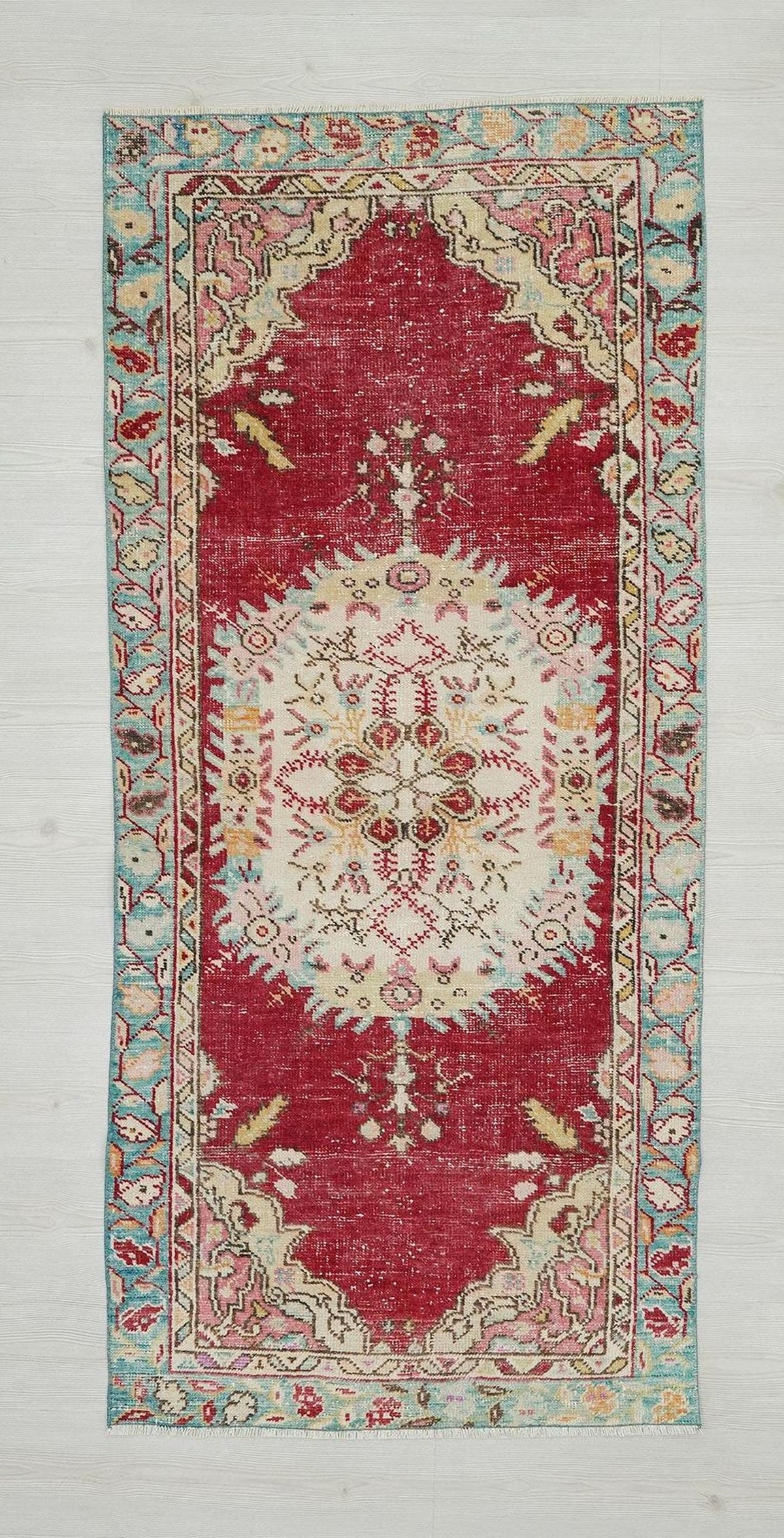 Small Antique Oushak Rug: 3"x6,7" Red & Blue Turkish Carpet Rugs