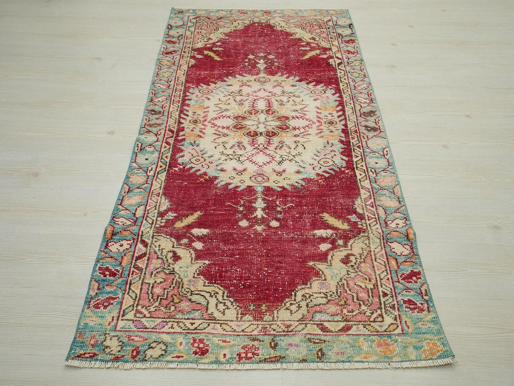 Small Antique Oushak Rug: 3"x6,7" Red & Blue Turkish Carpet Rugs