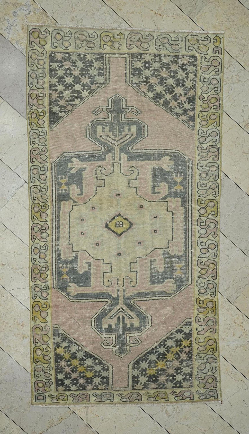Salmon Pink Vintage Oushak Rug: Turkish Wool Area Carpet, 4,2x8,1 Feet.