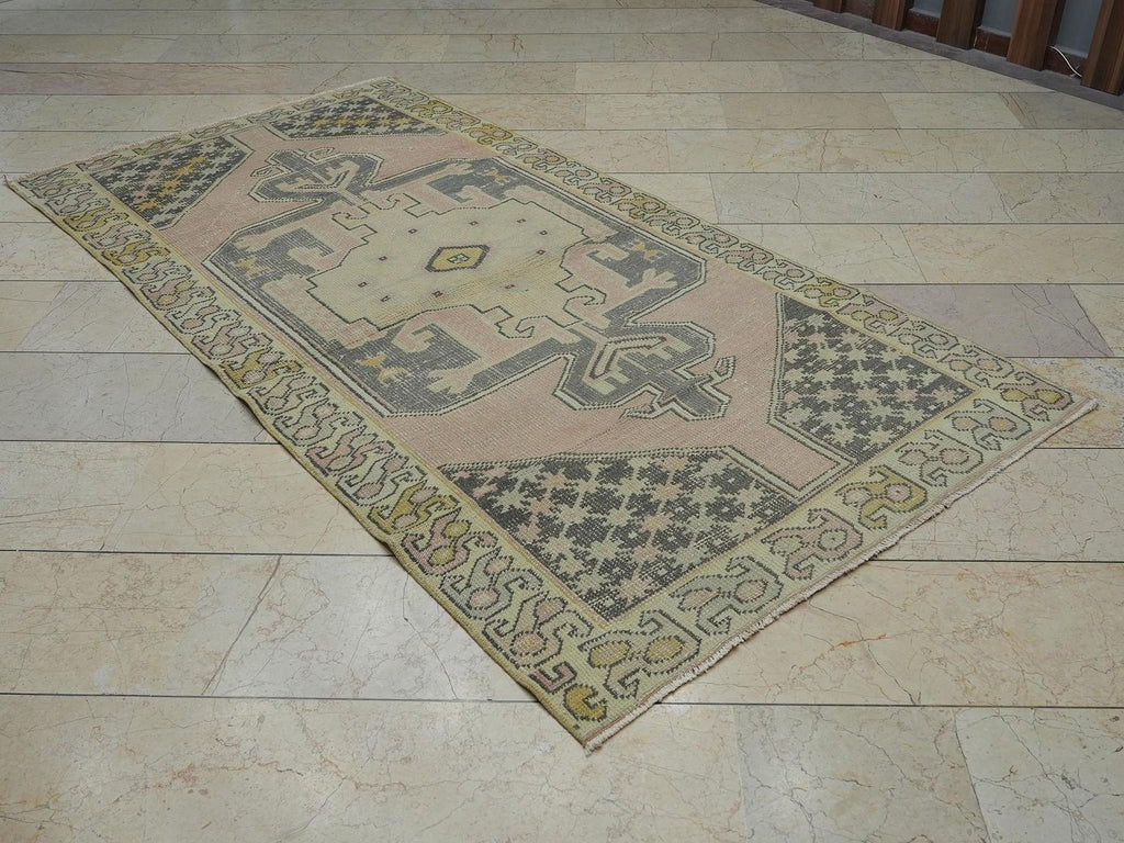 Salmon Pink Vintage Oushak Rug: Turkish Wool Area Carpet, 4,2x8,1 Feet.
