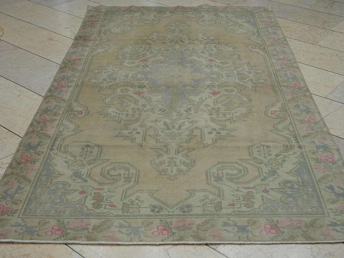 Faded Color Vintage Turkish Rug: 4.7x8 Feet,Low Pile Handmade Oushak Area Rugs.