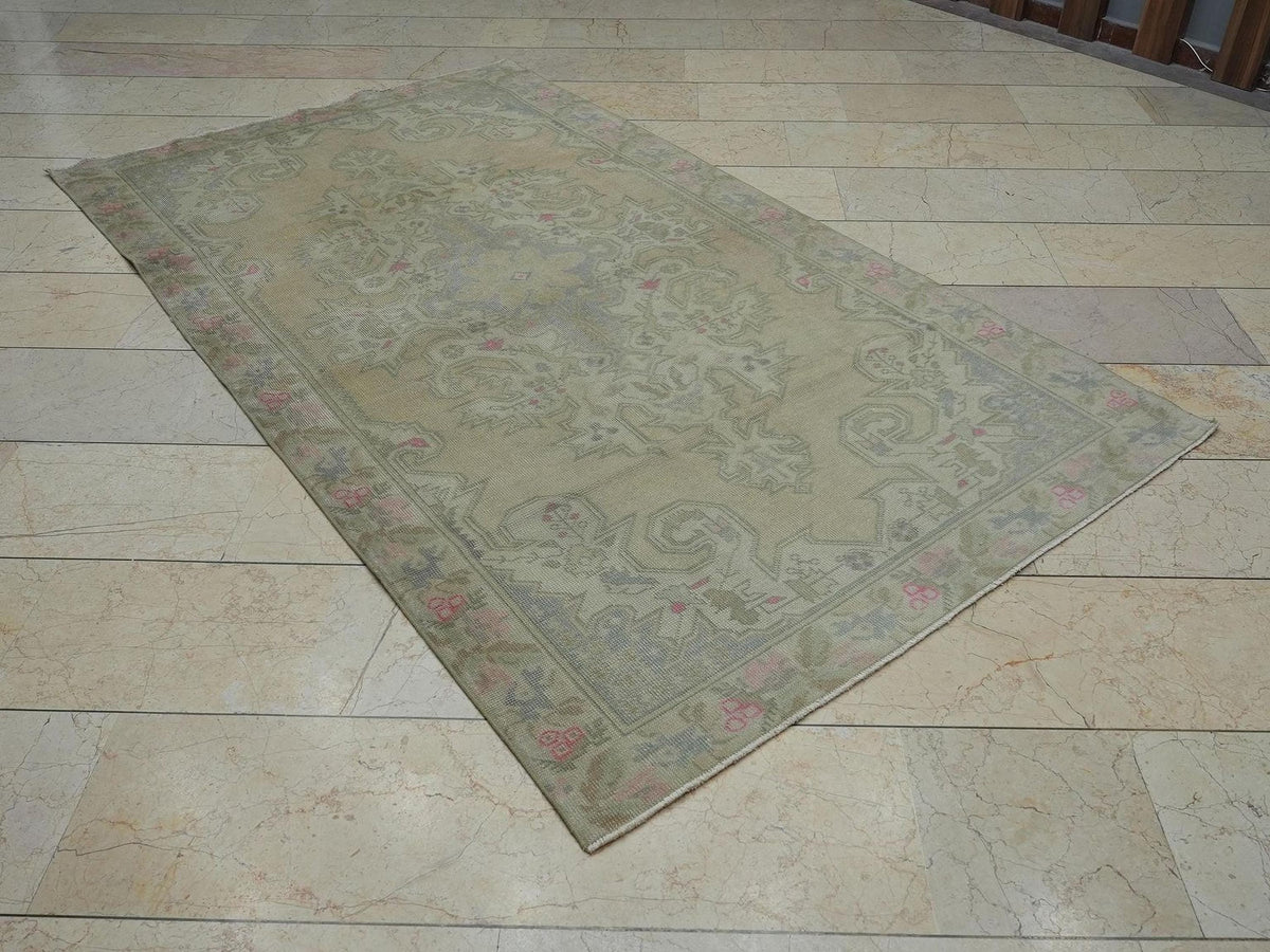 Faded Color Vintage Turkish Rug: 4.7x8 Feet,Low Pile Handmade Oushak Area Rugs.