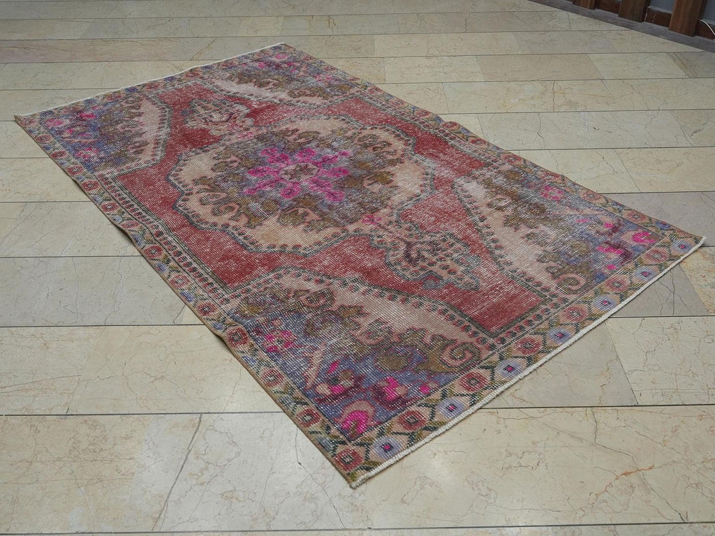 Vintage Pink Oushak Rug: 4,3x7,2 Feet,Handmade Turkish Small Size Rugs.