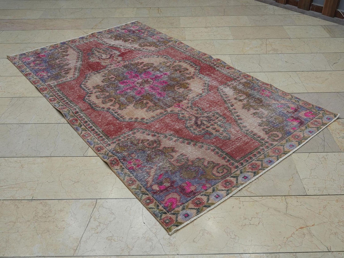 Vintage Pink Oushak Rug: 4,3x7,2 Feet,Handmade Turkish Small Size Rugs.