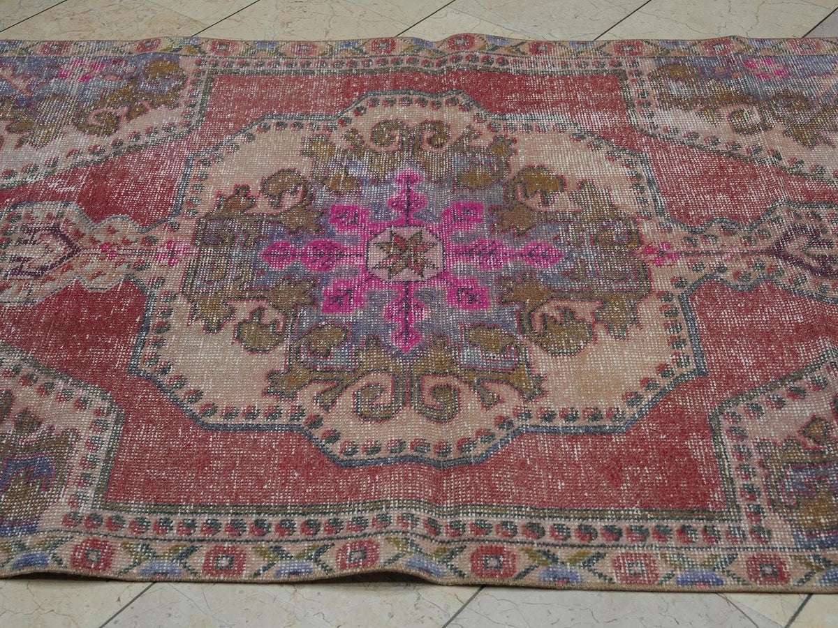 Vintage Pink Oushak Rug: 4,3x7,2 Feet,Handmade Turkish Small Size Rugs.