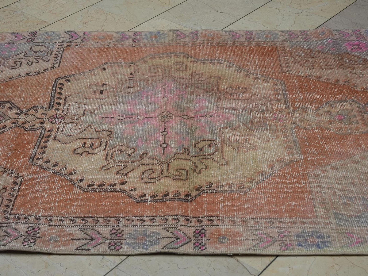 Small Size Vintage Turkish Rug: 4.3xx7.2 Feet,Multi Faded Color Wool Oushak Rugs.