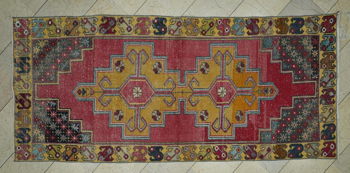 Vintage Colorful Wool Turkish Rug,4x9 Ft,Seasonal Decor Handmade Oushak Rugs.