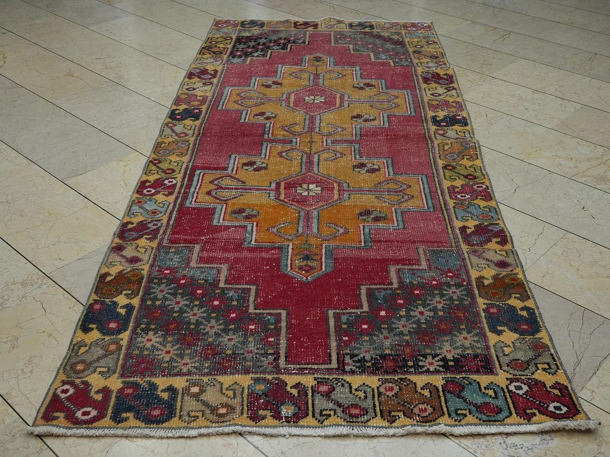 Vintage Colorful Wool Turkish Rug,4x9 Ft,Seasonal Decor Handmade Oushak Rugs.