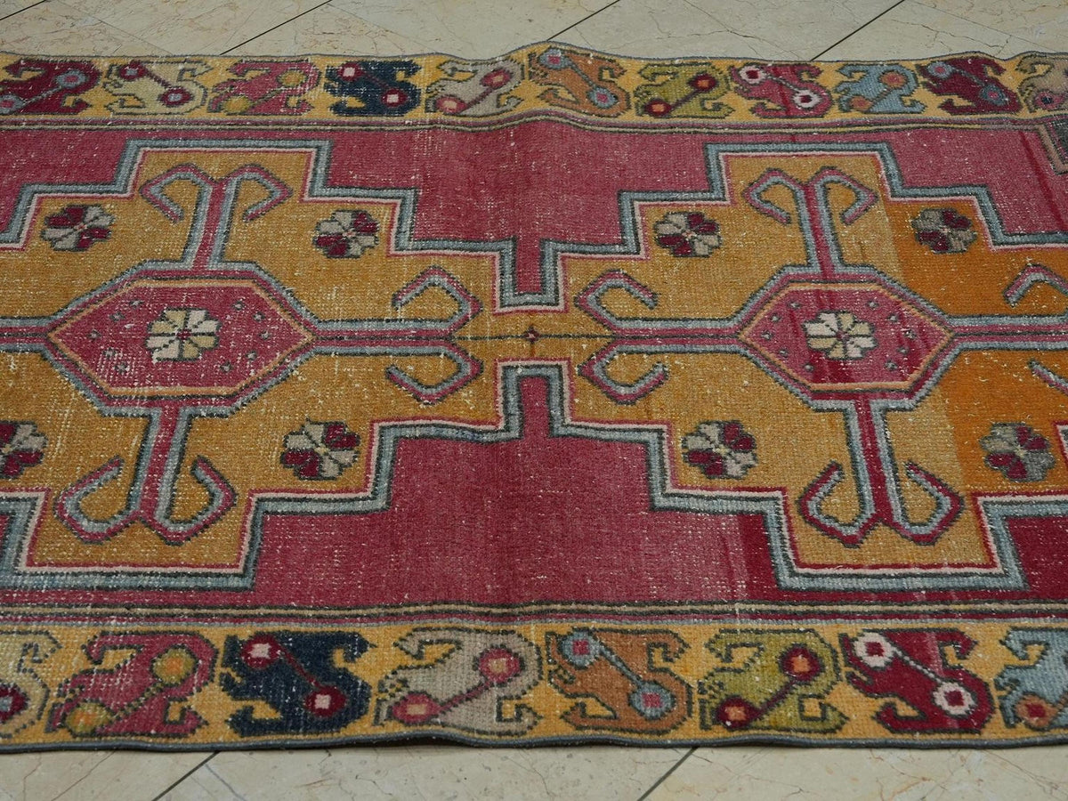 Vintage Colorful Wool Turkish Rug,4x9 Ft,Seasonal Decor Handmade Oushak Rugs.