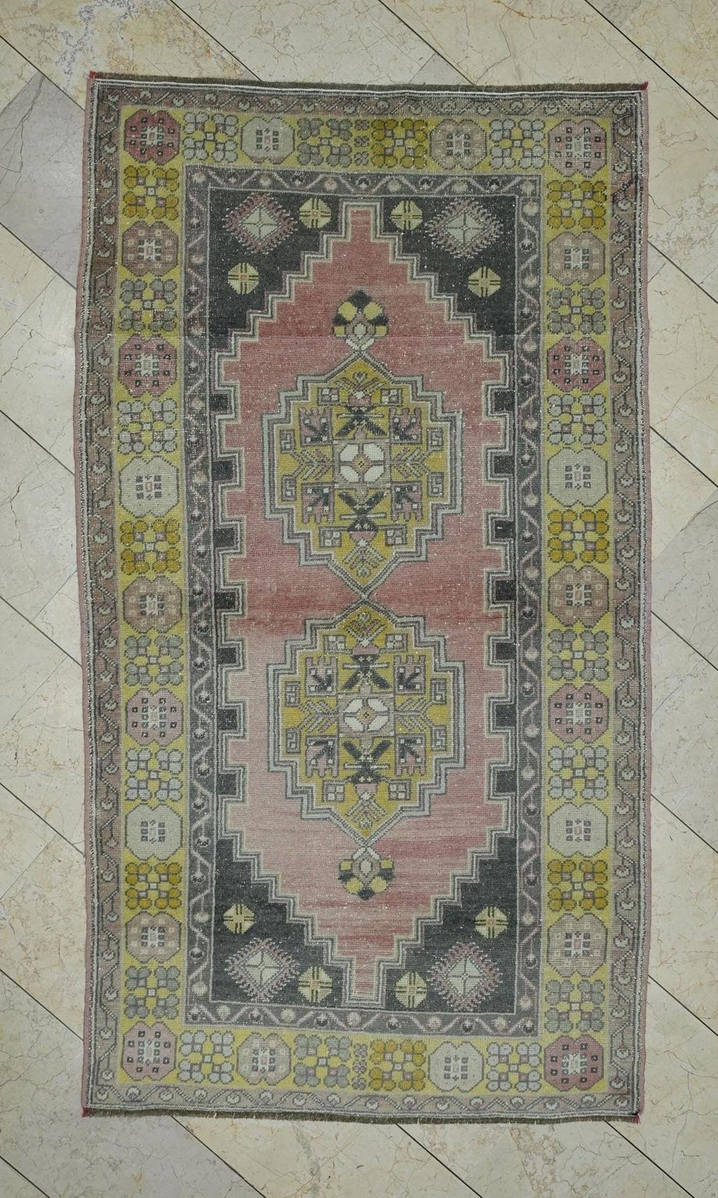 Salmon Pink Oushak Rug: Small Size Handmade Wool Turkish Rugs 4"x7.3" Feet.
