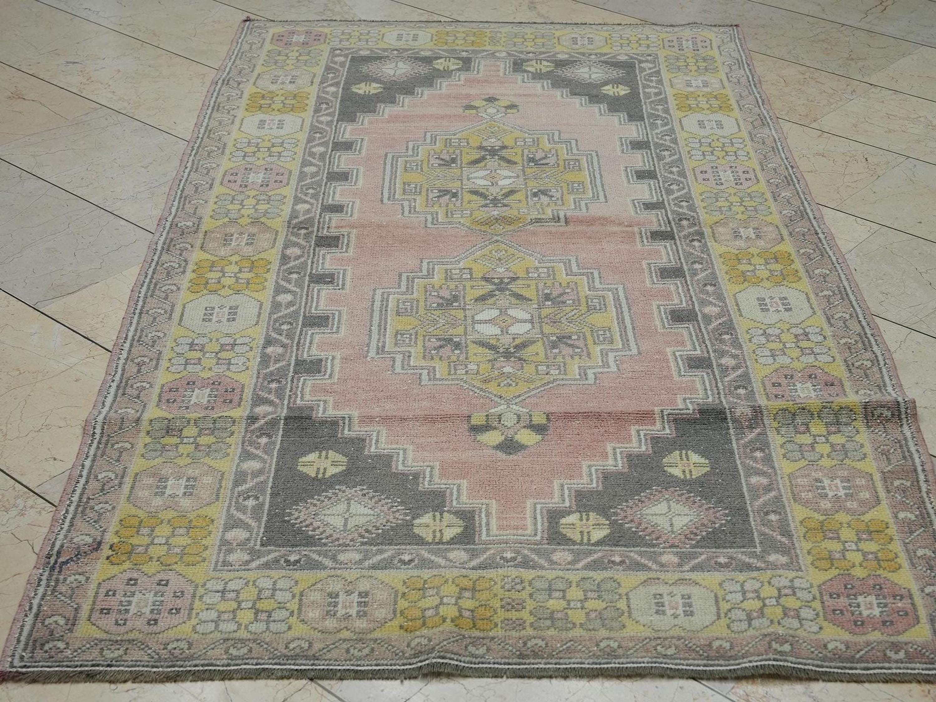 Salmon Pink Oushak Rug: Small Size Handmade Wool Turkish Rugs 4"x7.3" Feet.