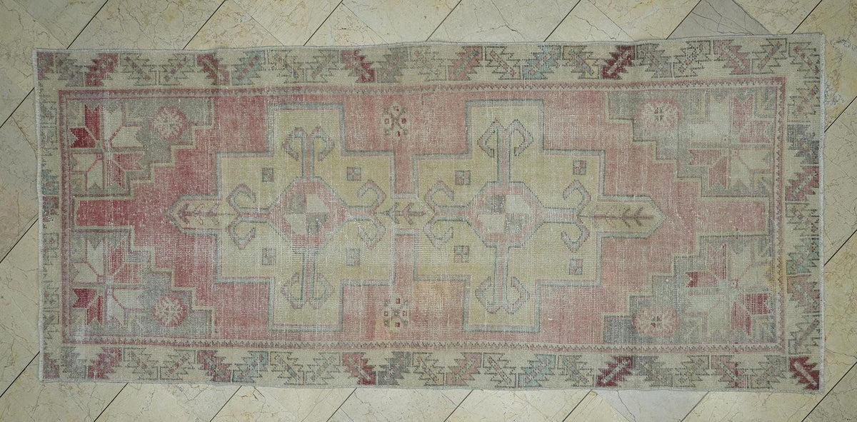 Vintage Handmade Oushak Rug: 4x9 Ft,Winter Decor Wool On Cotton Turkish Carpet.
