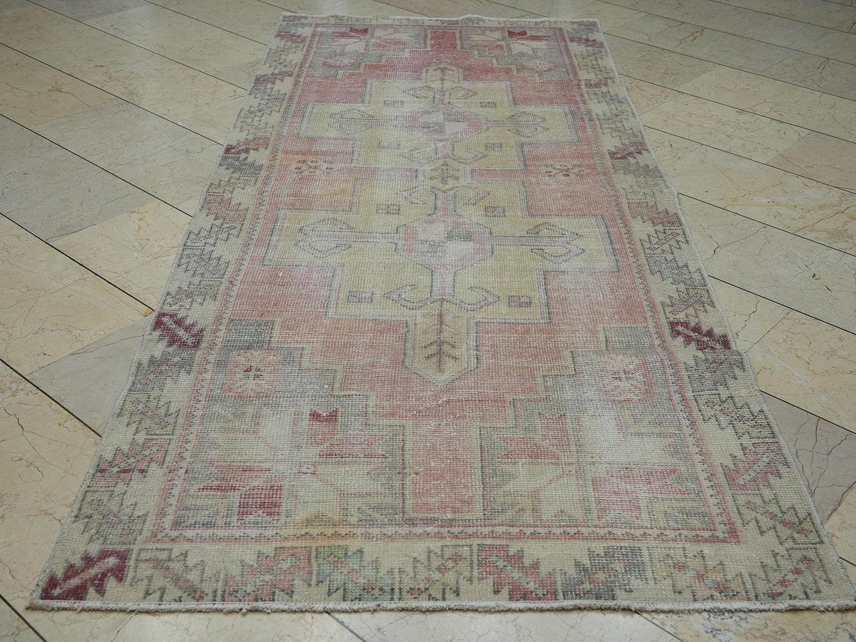 Vintage Handmade Oushak Rug: 4x9 Ft,Winter Decor Wool On Cotton Turkish Carpet.