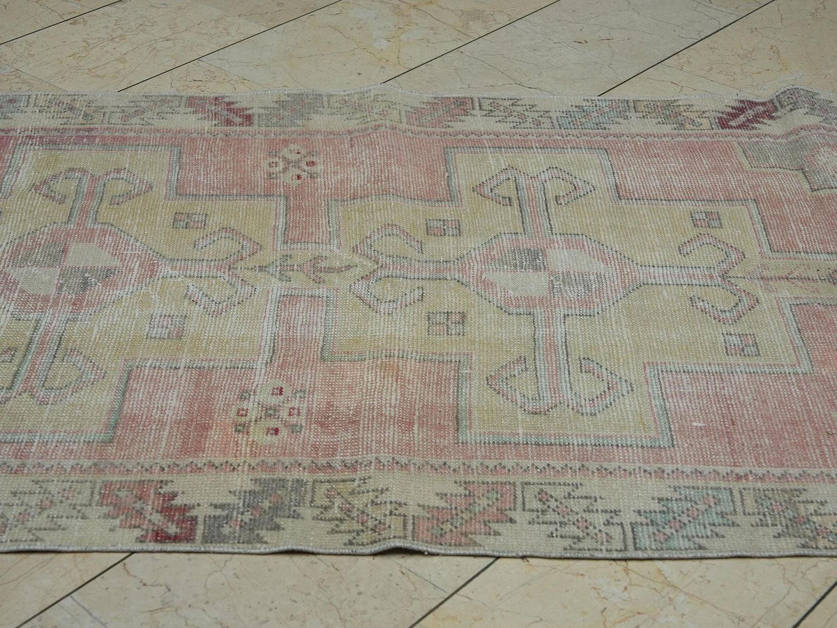 Vintage Handmade Oushak Rug: 4x9 Ft,Winter Decor Wool On Cotton Turkish Carpet.