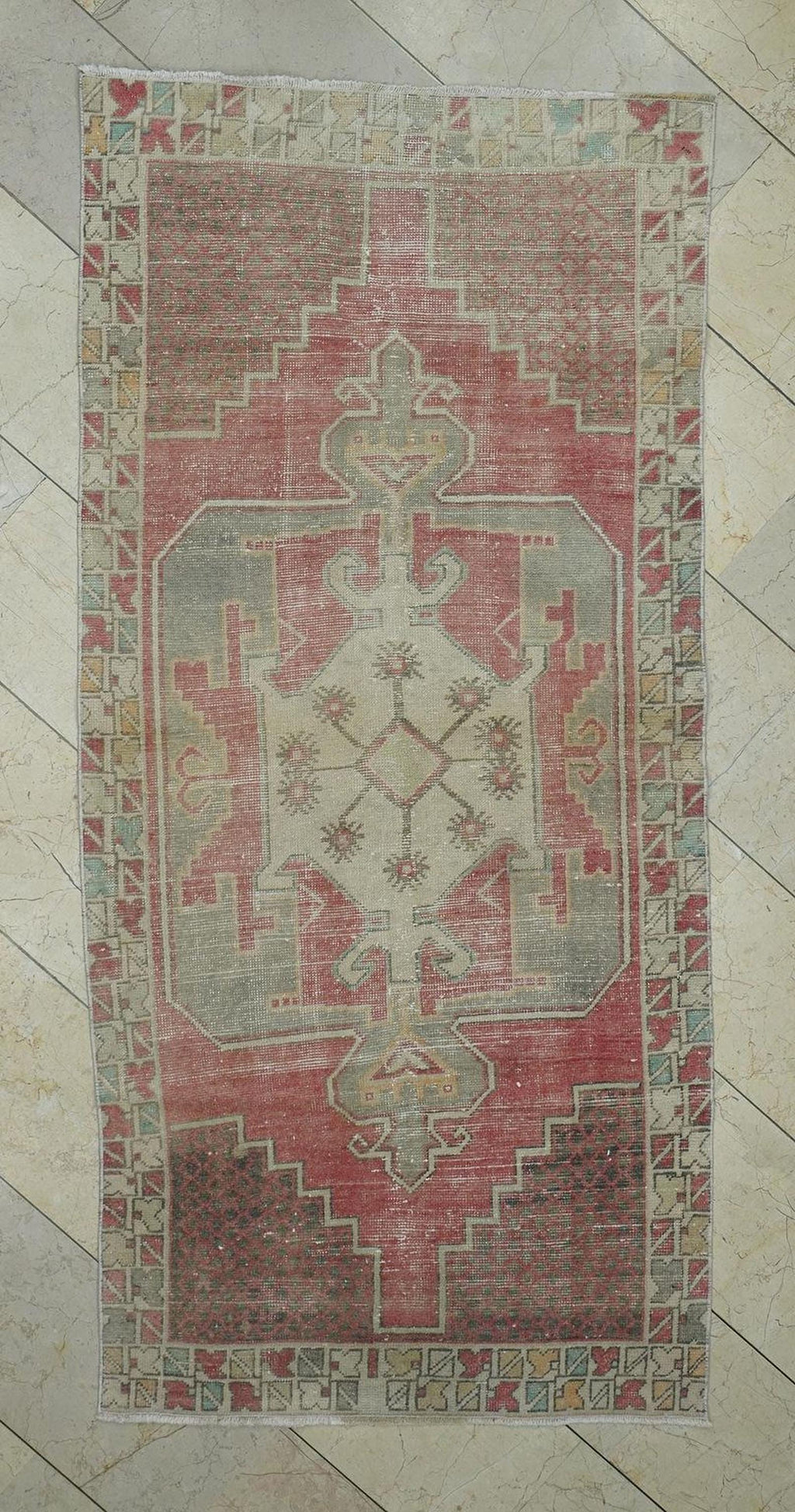 Vintage Handmade Wool Oushak Rug,3.4x7.3 Ft,Mid Century Antique Anatolian Rugs.