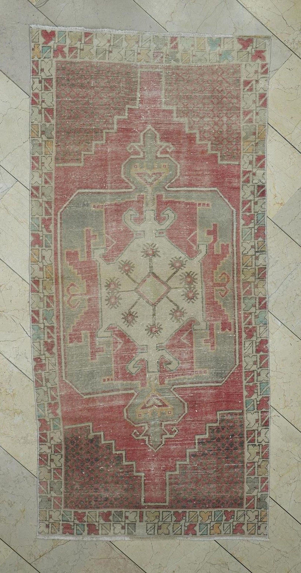 Vintage Handmade Wool Oushak Rug,3.4x7.3 Ft,Mid Century Antique Anatolian Rugs.