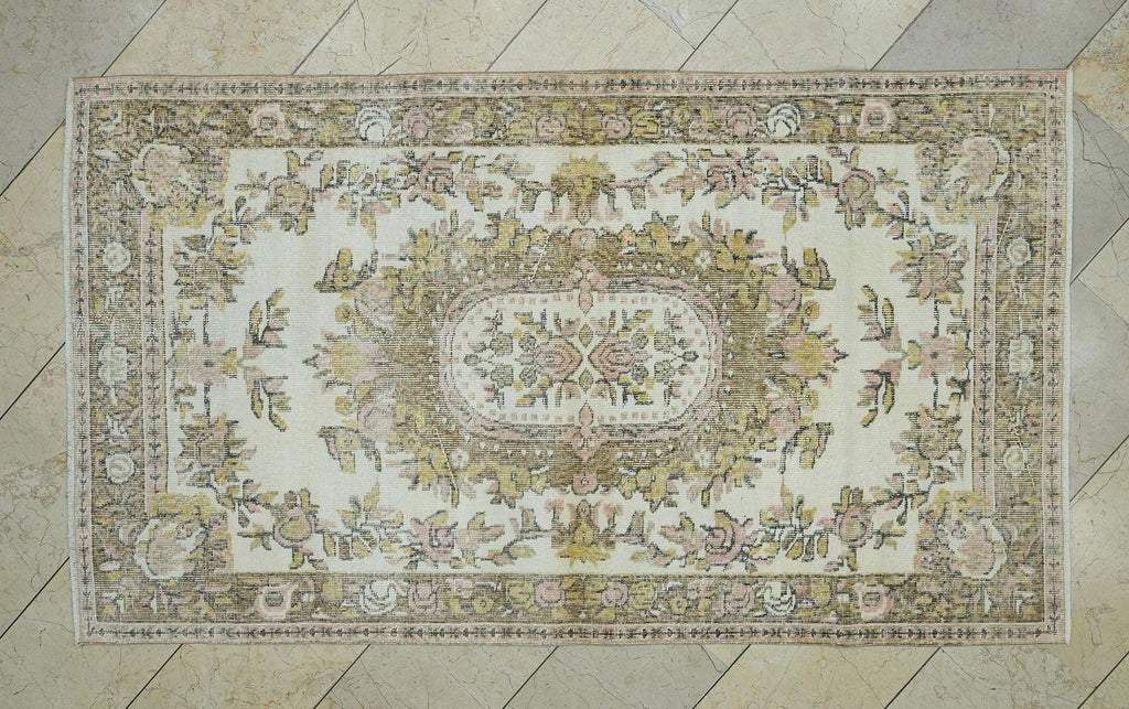 Wool Turkish Oushak Rug: 4x6.9 Feet,Neutral Handmade Area Carpet,