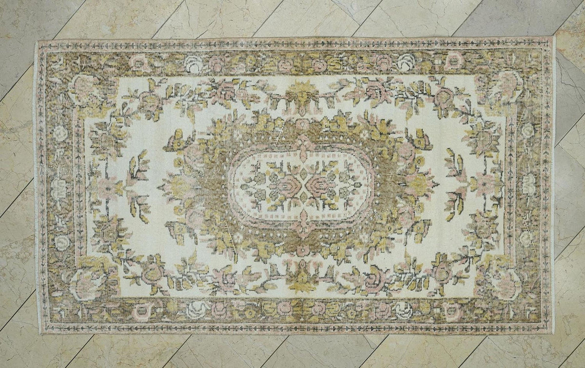 Wool Turkish Oushak Rug: 4x6.9 Feet,Neutral Handmade Area Carpet,