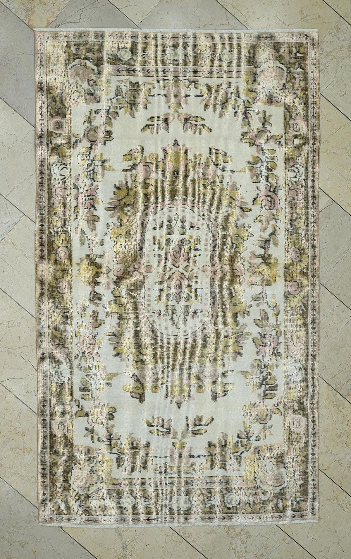 Wool Turkish Oushak Rug: 4x6.9 Feet,Neutral Handmade Area Carpet,