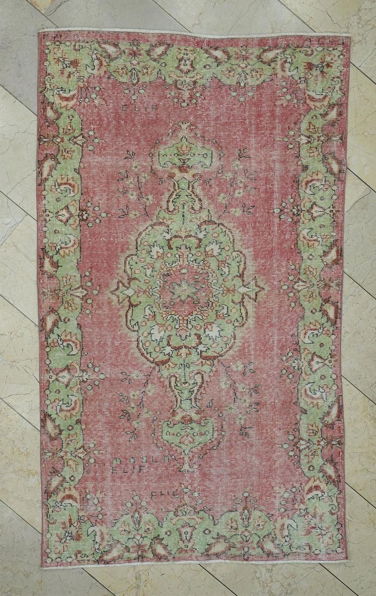 Pinkish Red & Green Vintage Wool Oushak Rug,3.8x6.6 Ft,Home Living Decor Turkish Rugs