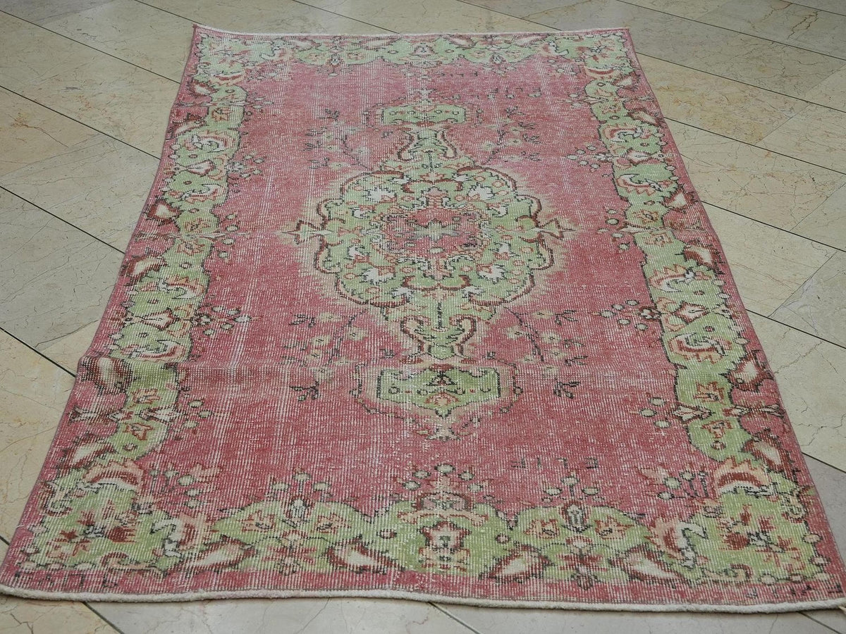 Pinkish Red & Green Vintage Wool Oushak Rug,3.8x6.6 Ft,Home Living Decor Turkish Rugs