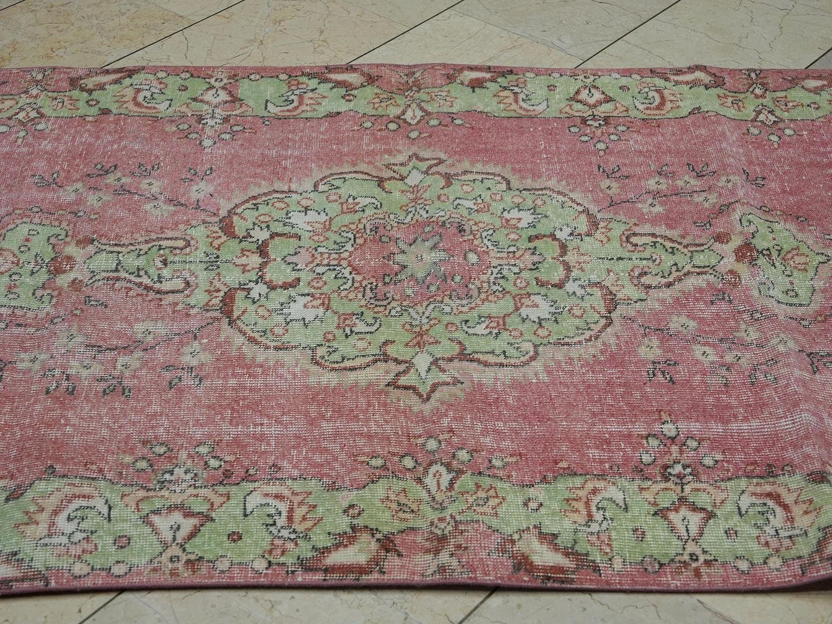 Pinkish Red & Green Vintage Wool Oushak Rug,3.8x6.6 Ft,Home Living Decor Turkish Rugs