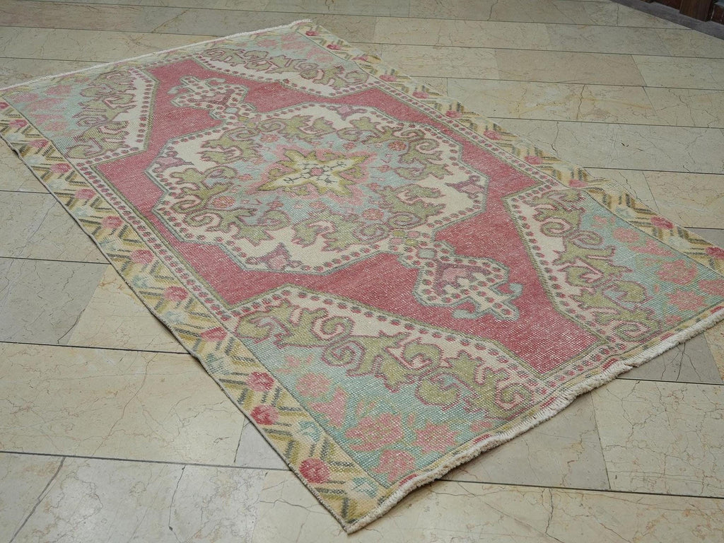 Sky Blue Vintage Handmade Oushak Rug,4.3x6.8 Ft,Wool Turkish Carpet Rugs