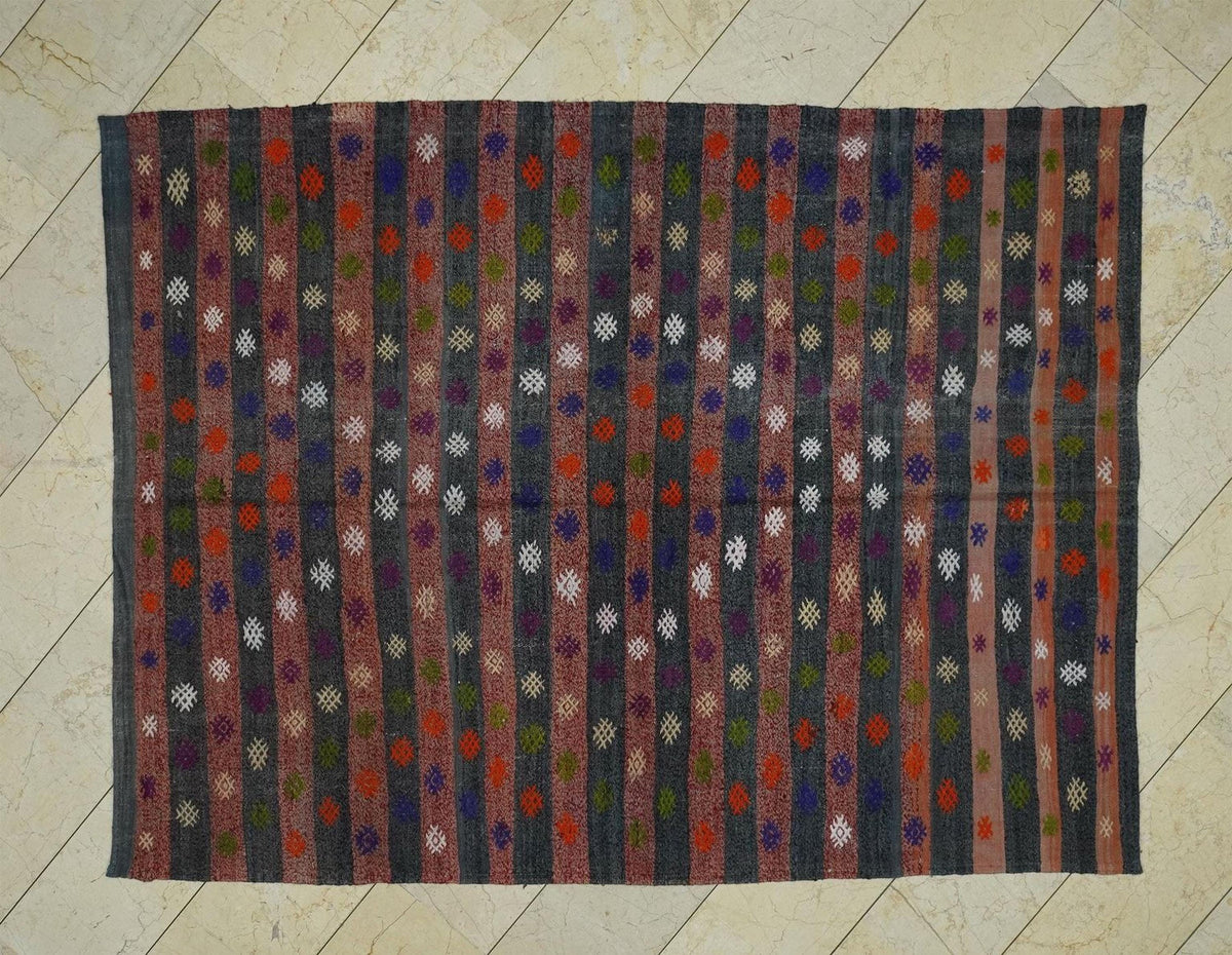 Turkish Kilim Rug: Vintage Flat Woven Stripe - Cotton Wool Blend
