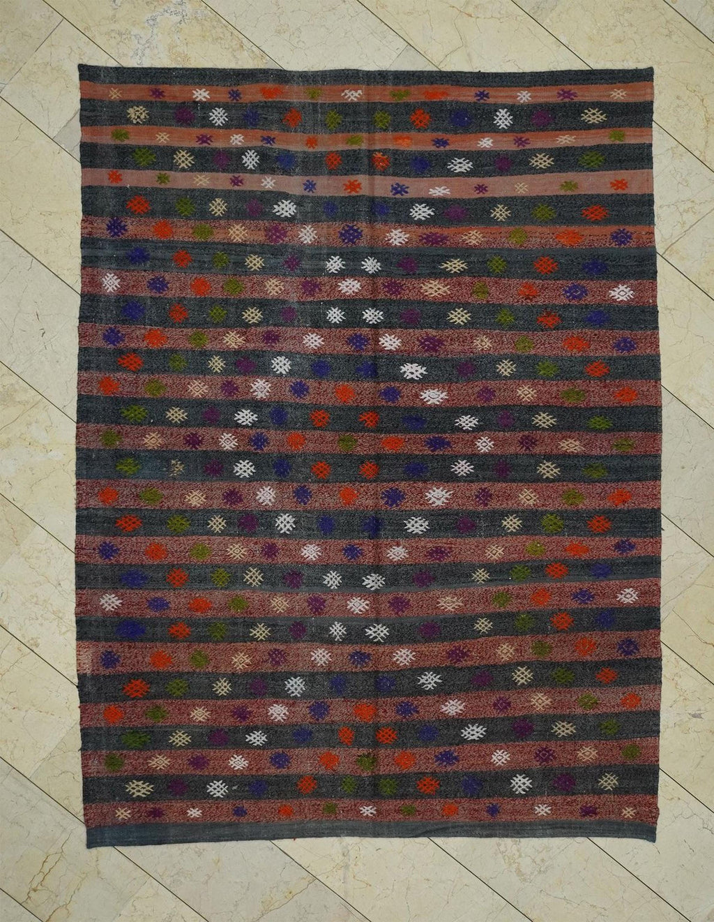 Turkish Kilim Rug: Vintage Flat Woven Stripe - Cotton Wool Blend