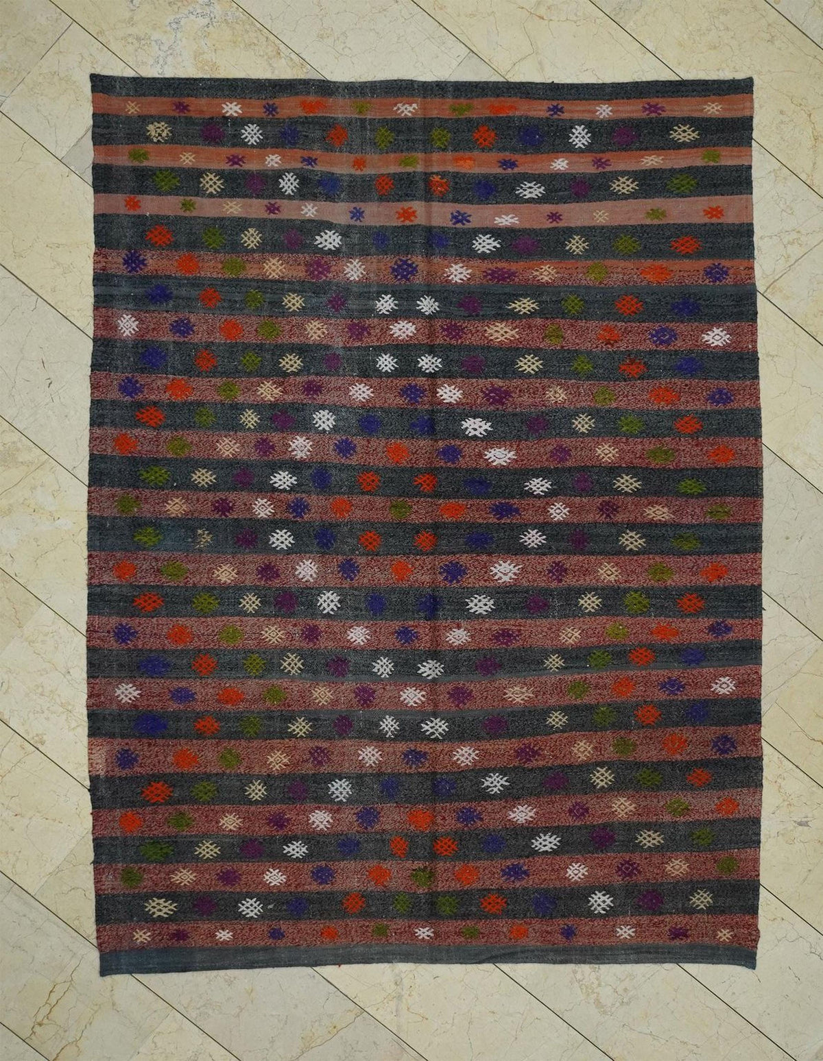 Turkish Kilim Rug: Vintage Flat Woven Stripe - Cotton Wool Blend