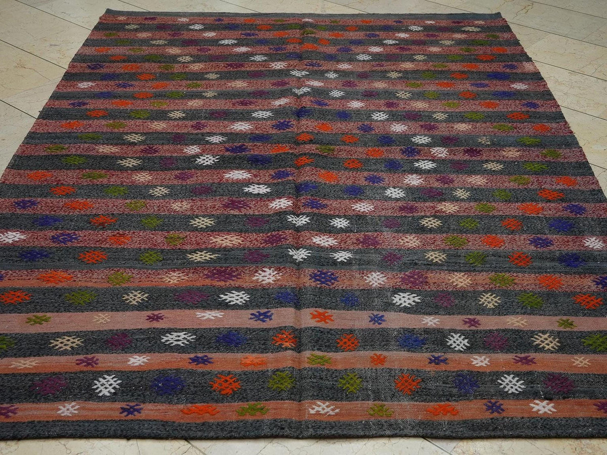 Turkish Kilim Rug: Vintage Flat Woven Stripe - Cotton Wool Blend