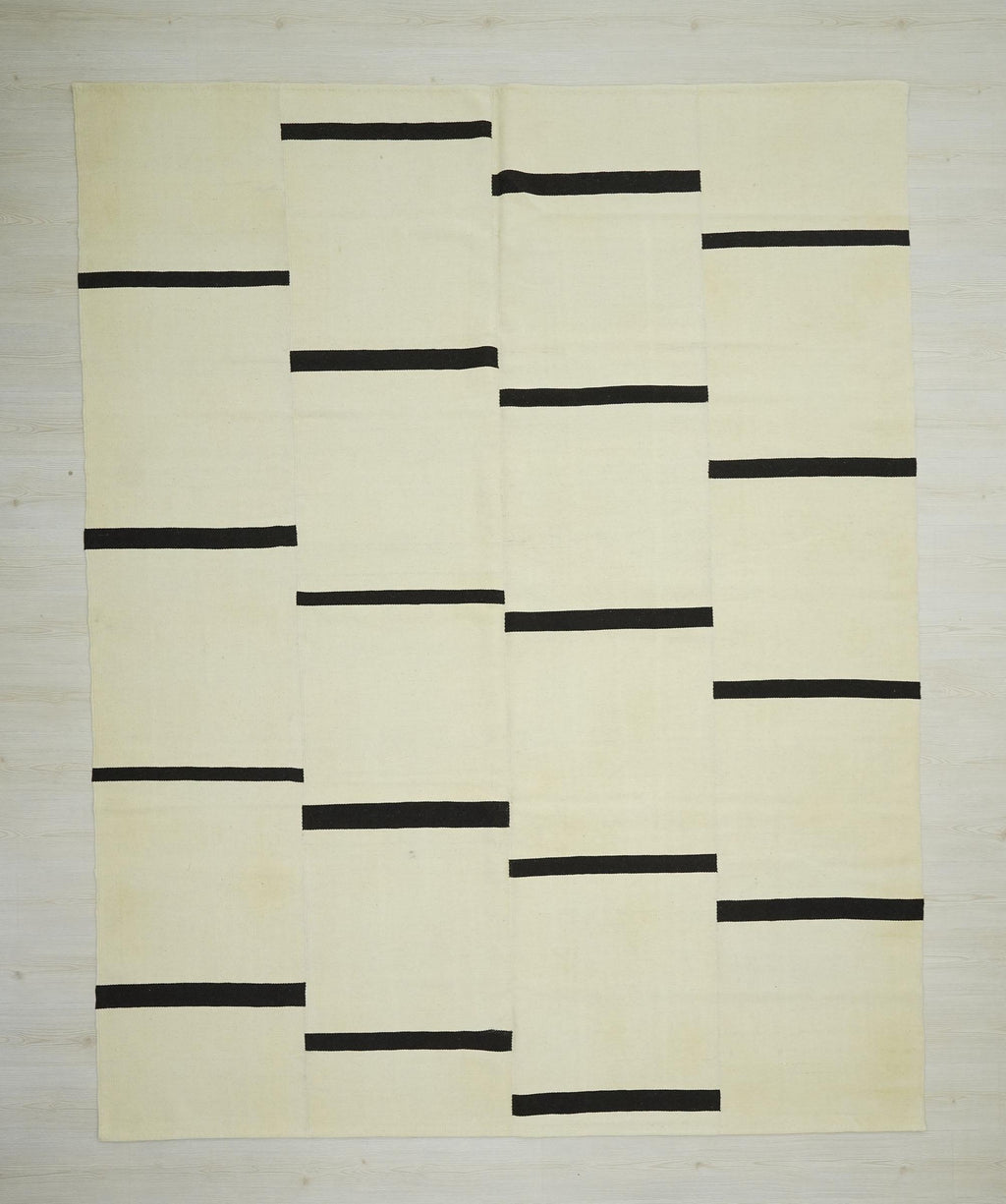 Handmade Scandinavian style Kilim Rug - Cream and Brown Striped Wool Turkish Rugs 8x10