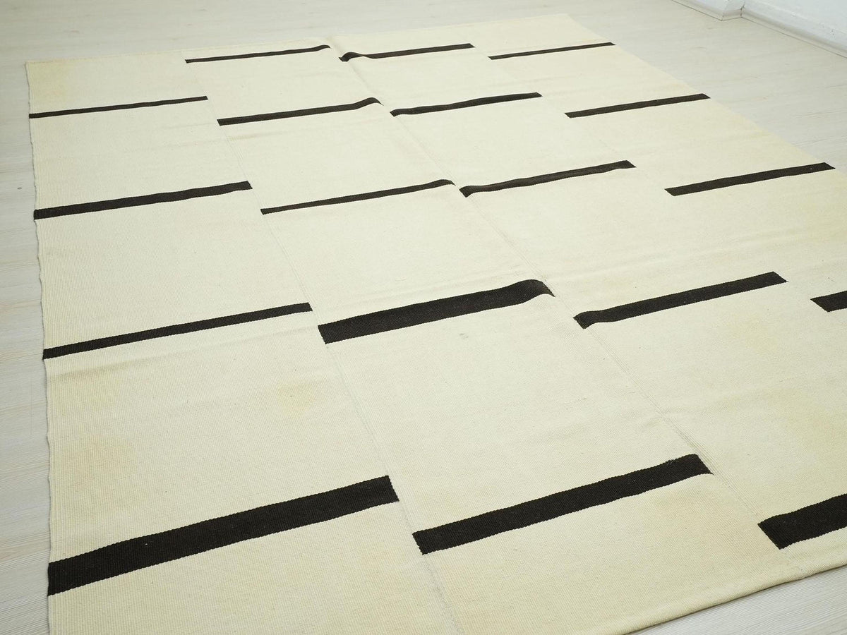 Handmade Scandinavian style Kilim Rug - Cream and Brown Striped Wool Turkish Rugs 8x10