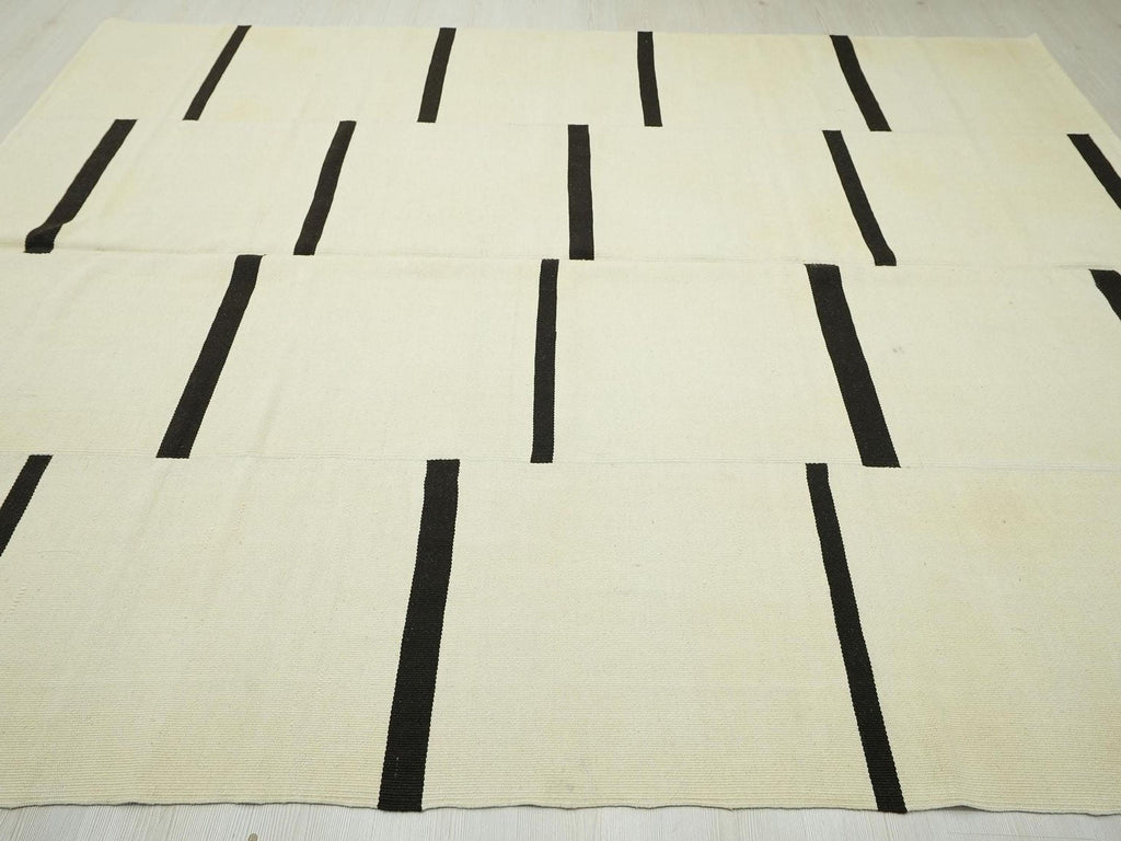 Handmade Scandinavian style Kilim Rug - Cream and Brown Striped Wool Turkish Rugs 8x10