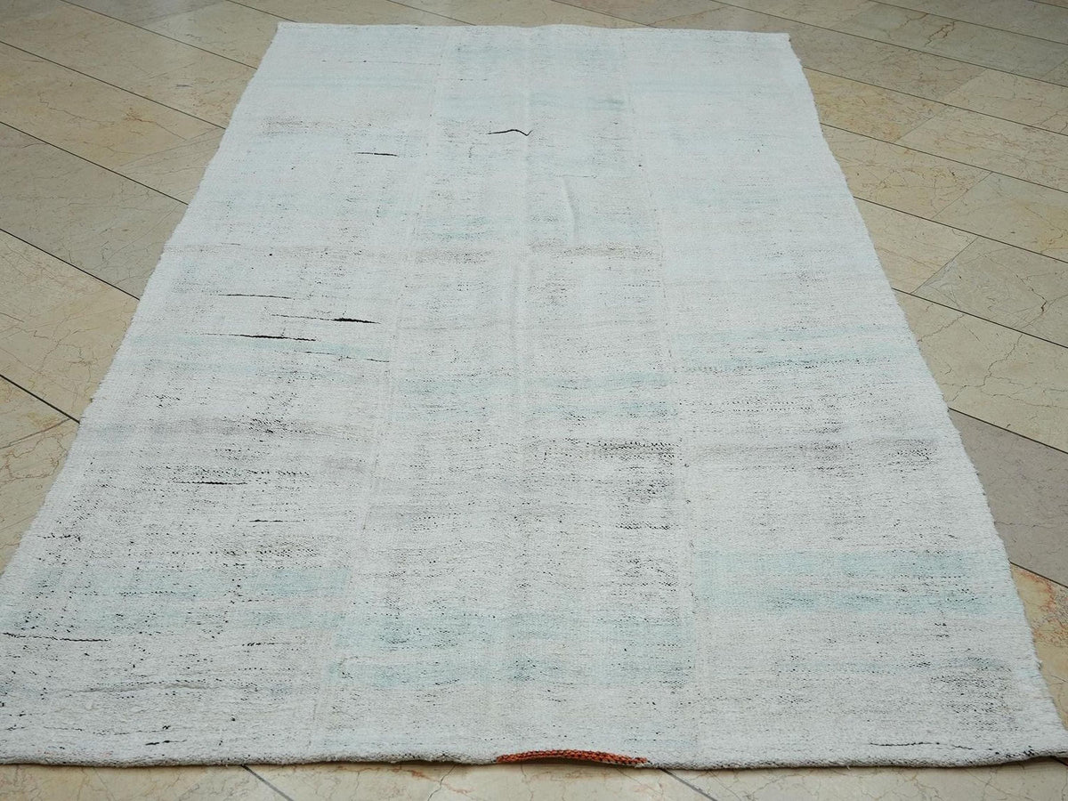 Scandinavian Style Hemp Kilim Rug, Blue Gray Stripe Turkish Flat-weave Rugs (4.5x8 ft)