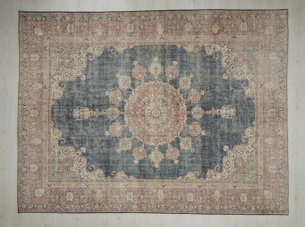 Oversize Vintage Turkish Oushak Rug: 9x12 Navy Blue Handwoven Wool Carpet Rugs.