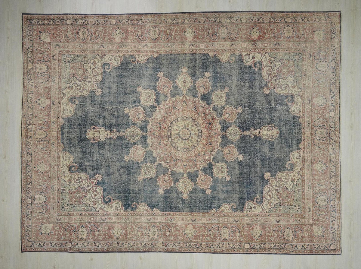 Oversize Vintage Turkish Oushak Rug: 9x12 Navy Blue Handwoven Wool Carpet Rugs.