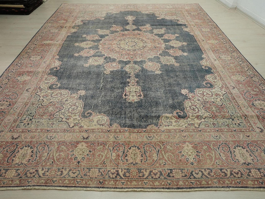 Oversize Vintage Turkish Oushak Rug: 9x12 Navy Blue Handwoven Wool Carpet Rugs.