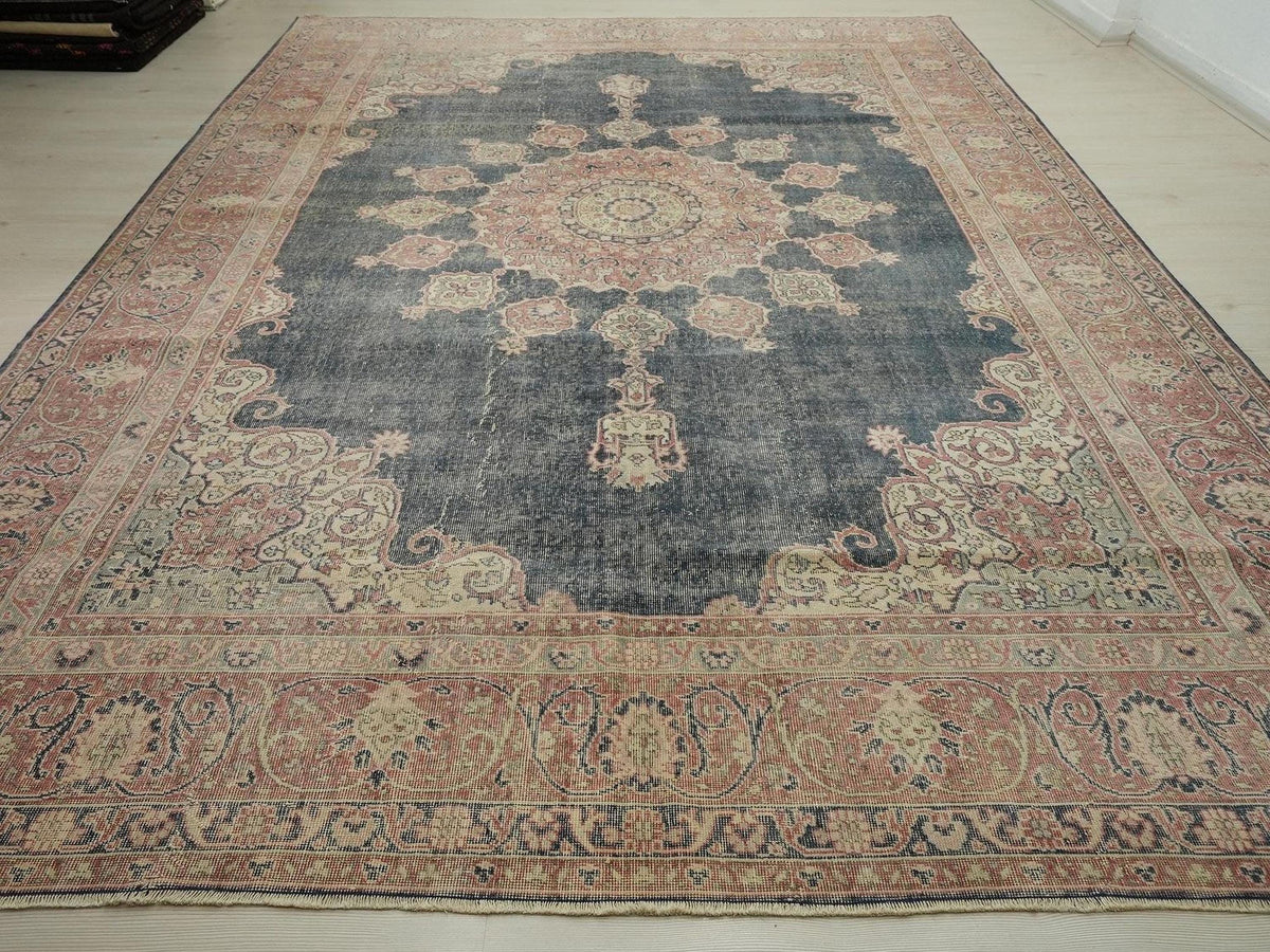 Oversize Vintage Turkish Oushak Rug: 9x12 Navy Blue Handwoven Wool Carpet Rugs.