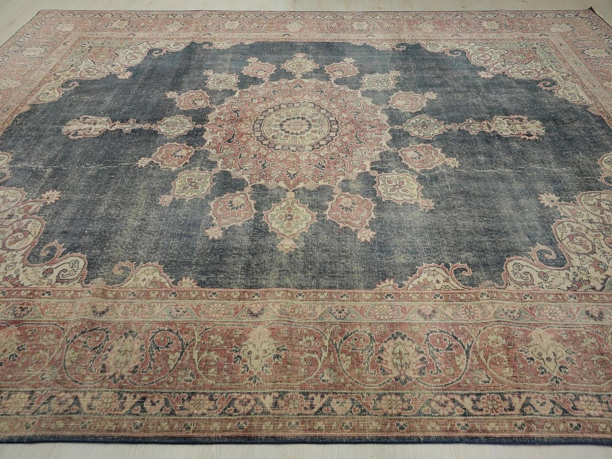 Oversize Vintage Turkish Oushak Rug: 9x12 Navy Blue Handwoven Wool Carpet Rugs.
