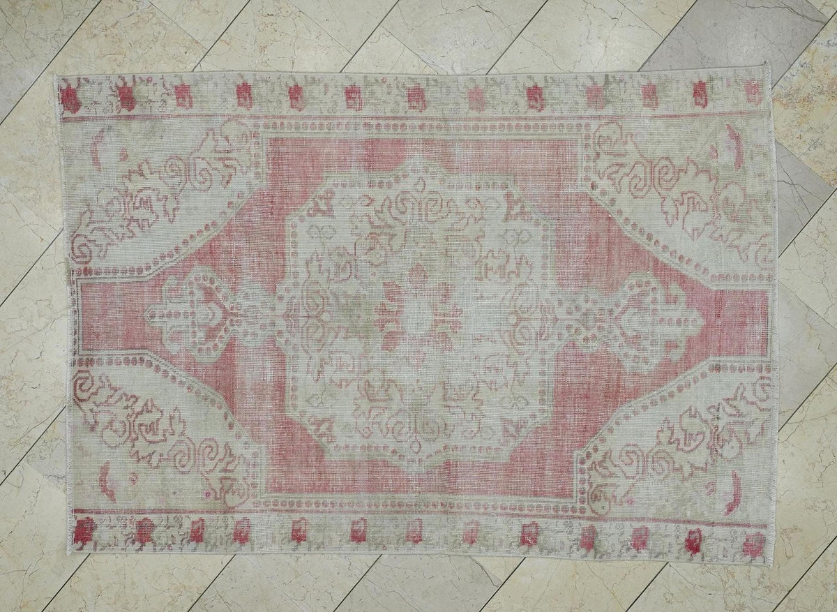 4x6 Vintage Oushak Rug: Pastel Turkish Wool Carpet, Mid-Century Modern Decor.