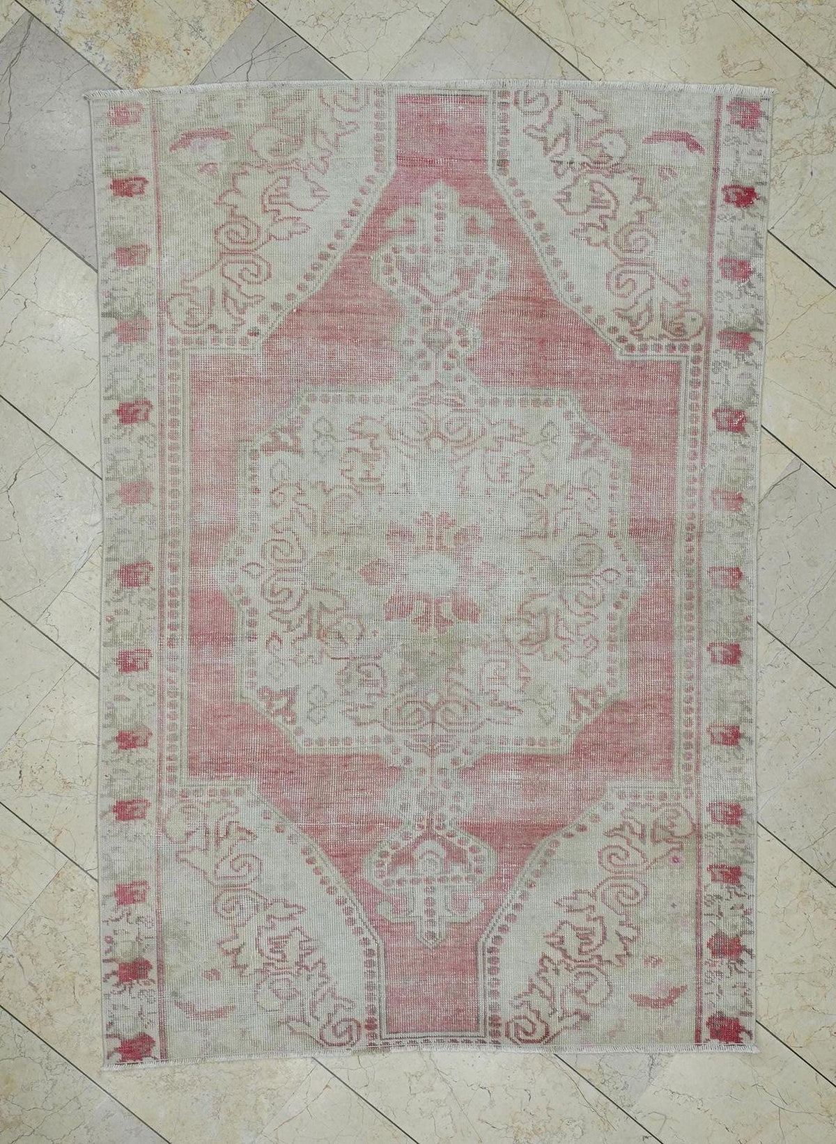4x6 Vintage Oushak Rug: Pastel Turkish Wool Carpet, Mid-Century Modern Decor.