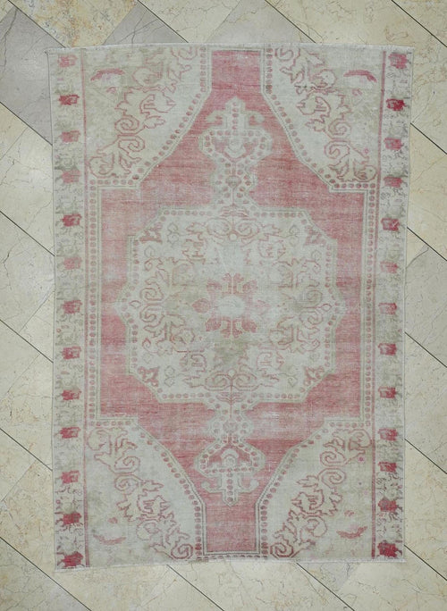 4x6 Vintage Oushak Rug: Pastel Turkish Wool Carpet, Mid-Century Modern Decor.