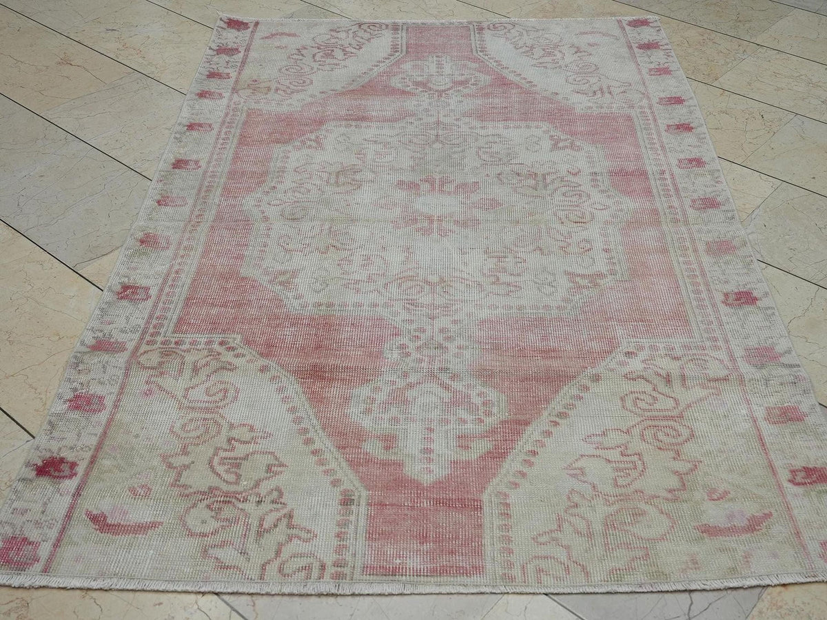 4x6 Vintage Oushak Rug: Pastel Turkish Wool Carpet, Mid-Century Modern Decor.