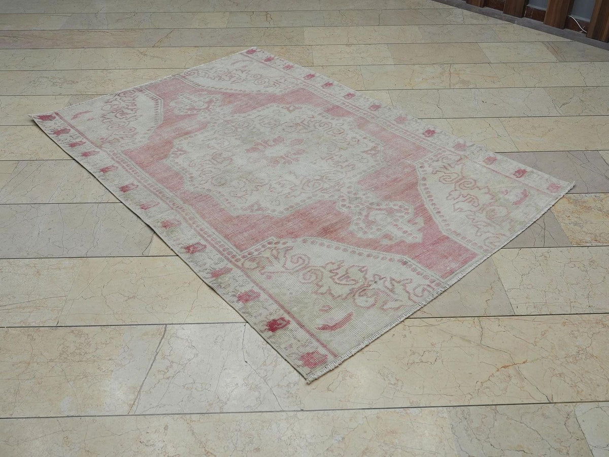 4x6 Vintage Oushak Rug: Pastel Turkish Wool Carpet, Mid-Century Modern Decor.