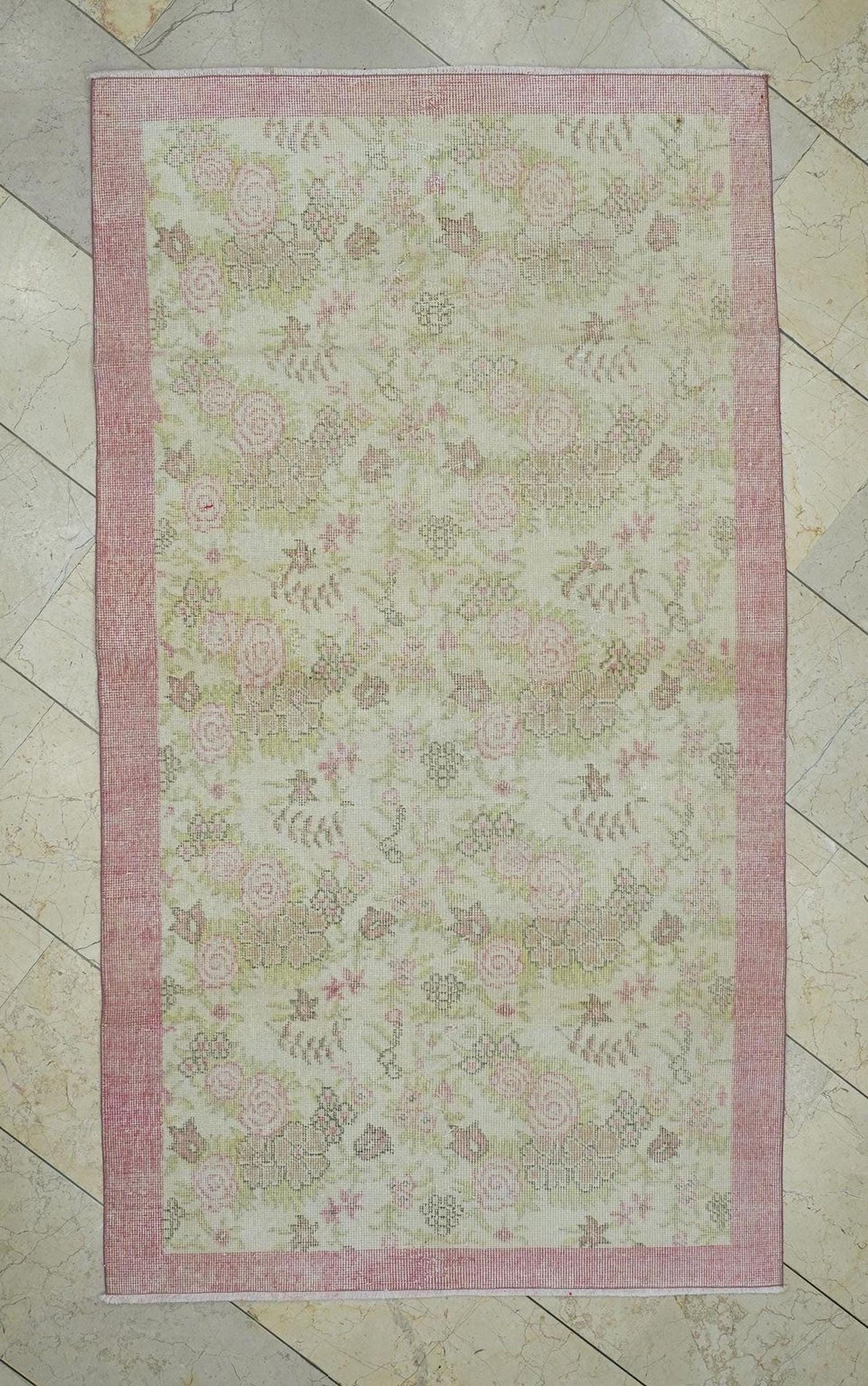 Pink & Beige Floral Vintage Handmade Oushak Rug,3.7x6.5 Ft,Wool Turkish Carpet Rugs