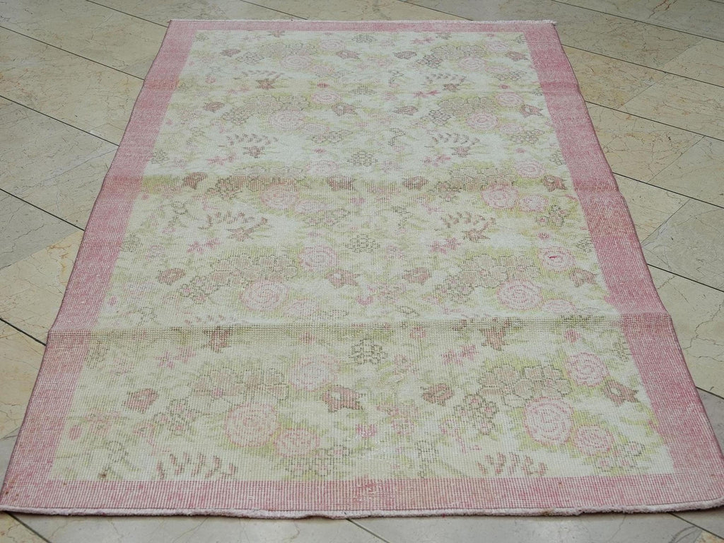 Pink & Beige Floral Vintage Handmade Oushak Rug,3.7x6.5 Ft,Wool Turkish Carpet Rugs