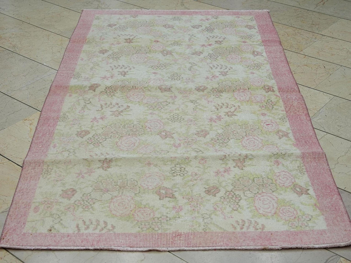 Pink & Beige Floral Vintage Handmade Oushak Rug,3.7x6.5 Ft,Wool Turkish Carpet Rugs